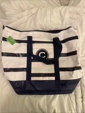 C Logo Navy and White Striped Tote